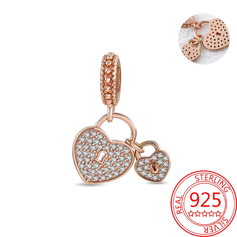 925 Sterling Silver Real Rose Gold Pink Octopus Summer Turtle Heart Dangle Charm Fit Original Bracelet Necklaces Bracelet Girl