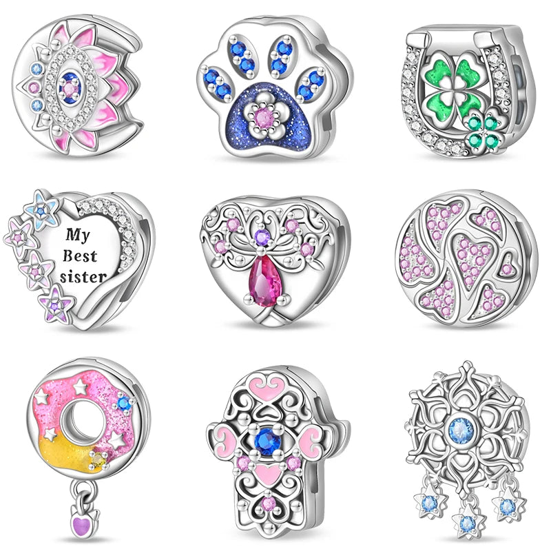 New 925 Silver Donut Protection Lotus Heart Shaped Charms Flat Beads Fit 3mm 925 Original Bracelet DIY Jewelry Birthday Gift