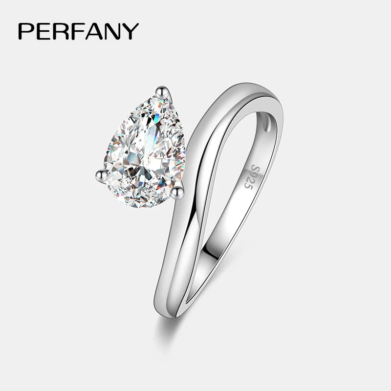 PERFANY 1.5CT Pear Cut Moissanite Ring for Women S925 Pure Silver Waterdrop Laboratory Diamond Fashion Wedding Jewelry Gift