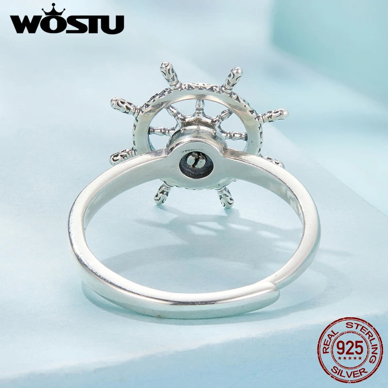 WOSTU 925 Sterling Silver Rotatable Helm Ring Steer Ships Ocean Original for Women Wife Anniversary Birthday Fine Jewelry Gift