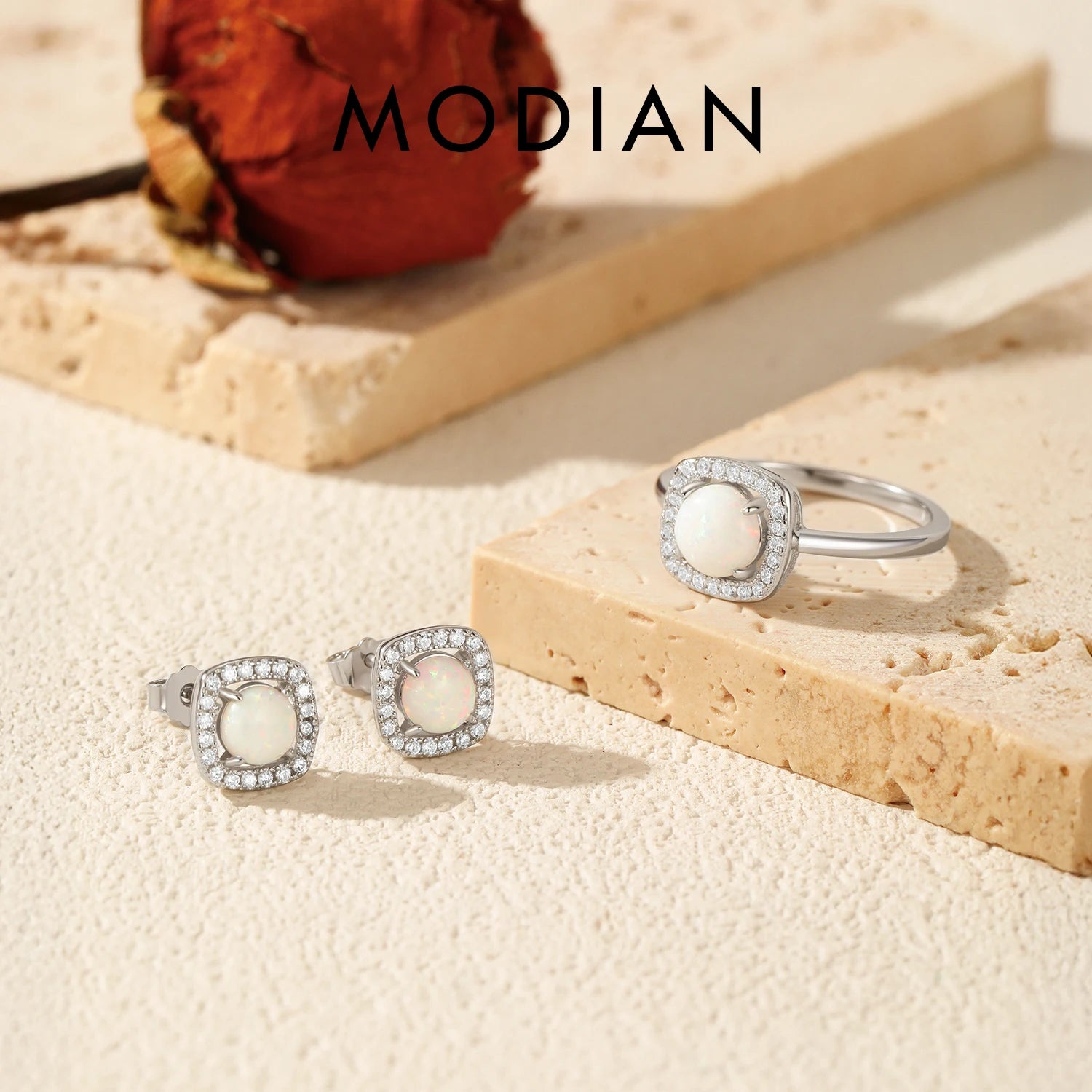 MODIAN 925 Sterling Silver Luxury High-end Square Finger Rings Round Opal Stud Earrings For Women Fine Jewelry Sets