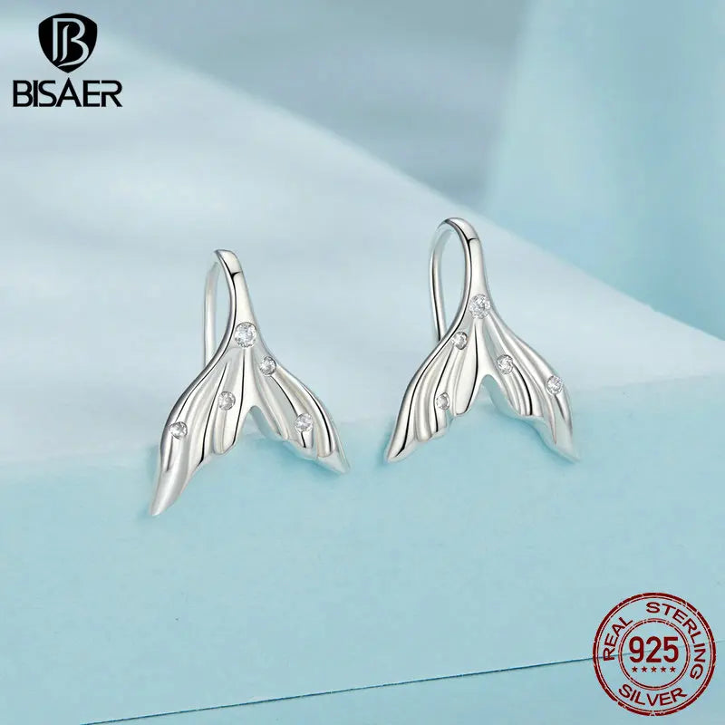 Boucles d'oreilles à tige en forme de queue de sirène en argent sterling 925 véritable BISAER avec zircon scintillant pour femme, bijoux fins, cadeaux de vacances