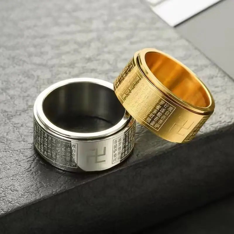 Bague tournante Manji Swastika Sutra du Cœur pour homme, en acier inoxydable, accessoire bouddhiste, bijou de créateur, cadeau bouddhiste