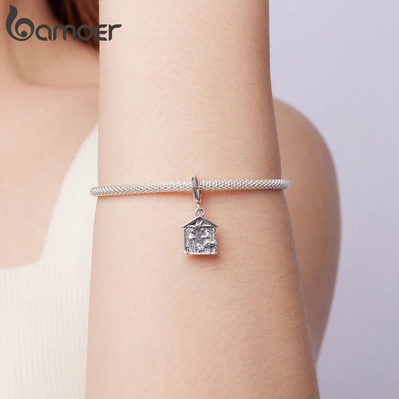 Bamoer Anhänger aus 925 Sterlingsilber mit Motiv der Geburt Jesu, Friedensperlen und Glaubenssymbol für Damen, DIY-Armband-Schmuckzubehör