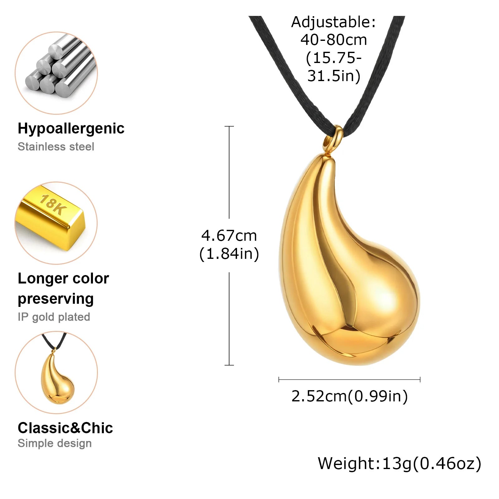 Vnox Chunky Stainless Steel Heat Teardrop Pendent Necklace For Women Rope Chain Fashion Glossy Pendent Accessory Jewelry Gift