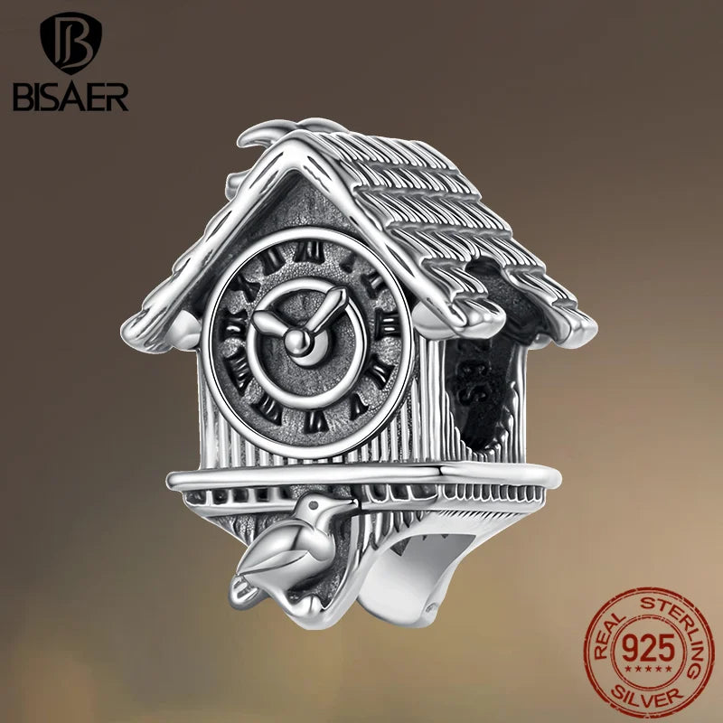 BISAER 925 Sterling Silver Retro Cuckoo Clock Charm Vintage House Clock Bead for Women DIY Bracelet & Necklace Fine Jewelry Gift