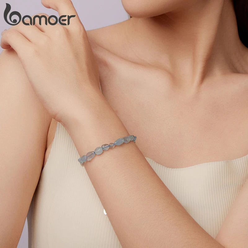 BAMOER 925 Sterling Silver Blue Crystal Bracelet Handmade Gem Beads Adjustable Dainty Wrist Chain Girls Sweet Gift Fine Jewelry