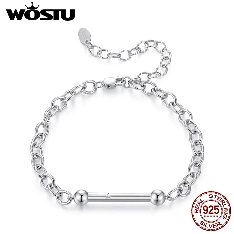 WOSTU 925 Sterling Silver Bold Curb Chain Bracelet with Star Charm, Heavy Duty Link Jewelry for Men Women Adjustable Unisex Gift
