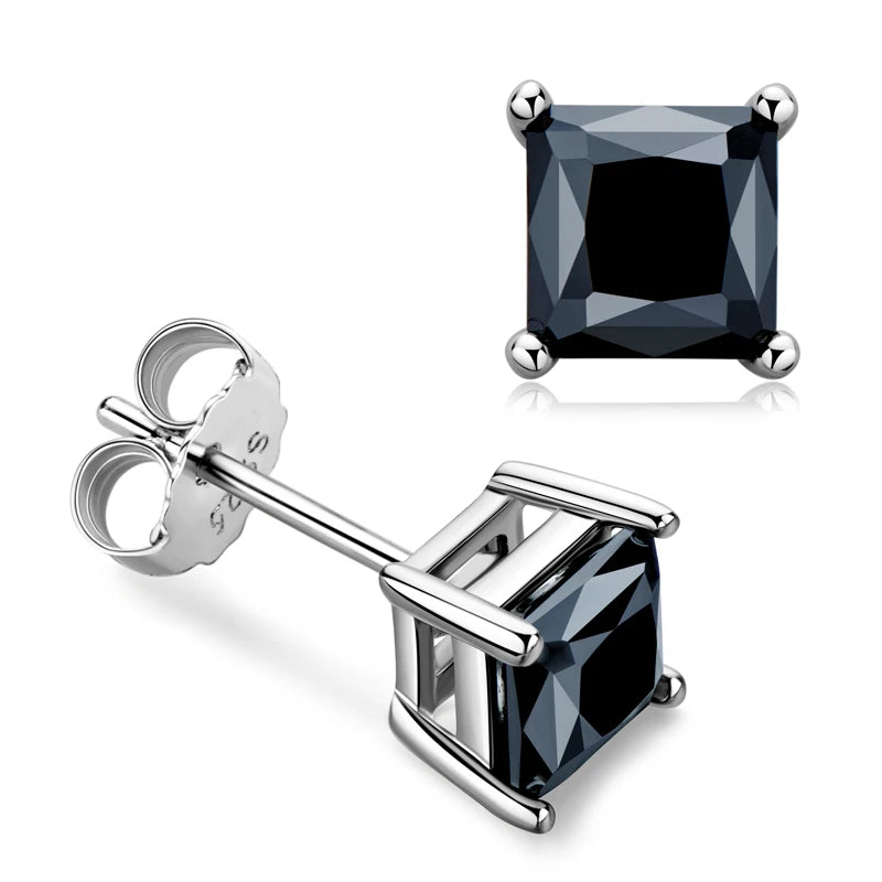 OXTAO Real 925 Sterling Silver Natural Black Agate Square Earrings 5.5mm Fashion Casual Simple Ear Stud for Party Gemstone Gift