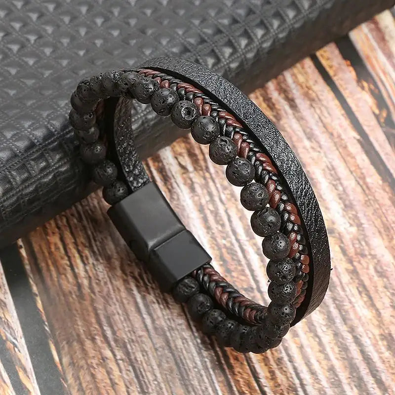 Jiayiqi New Design Punk Leather Bracelet Men Fashion Beaded Multi-Layer Leather Bracelet For Men New Year Jewelry Gift