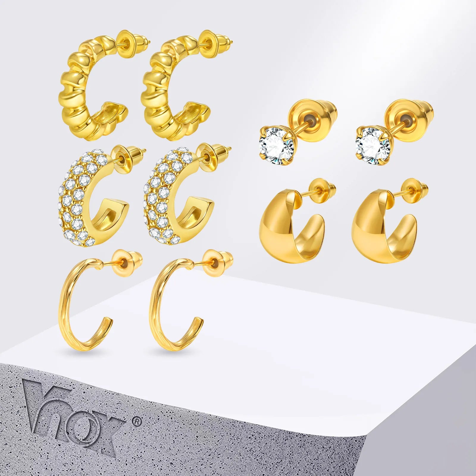 Vnox Classic Gold Plated 10/6-piece Set Women Earrings Cubic Zirconia Smooth C-shaped Hoop Earrings Fashion Female Jewelry Set