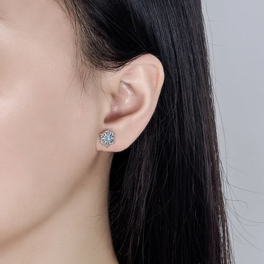 925 Sterling Silver Earrings Blue Zircon Snowflake Earrings For Women's Charm Jewelry Christmas Gift