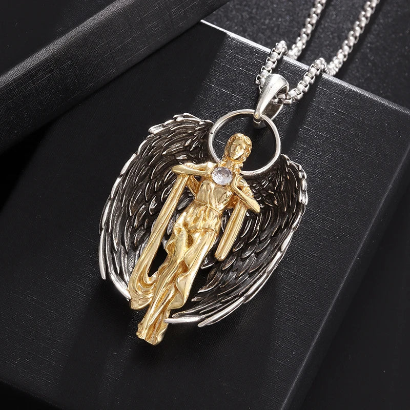 Classic Silver Plated Praying Angel Wings Pendant Necklace Men Women Fashion Protection Amulet Jewelry Birthday Gift