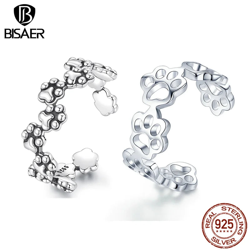 BISAER 925 Sterling Silver Paw Print Open Ring Hollow Pet Paws Band Adjustable Size 5-9 for Women Party Original Fine Jewelry