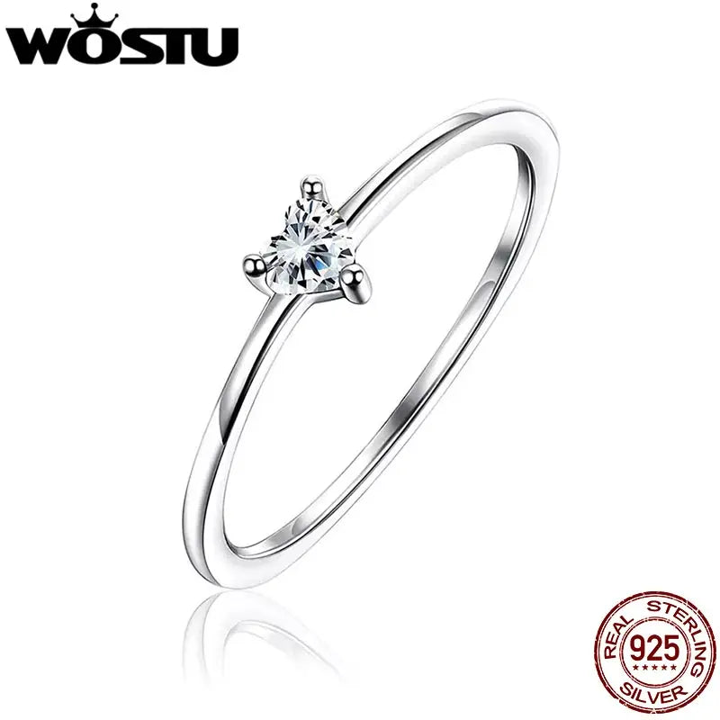 WOSTU 925 Sterling Silver Solitaire Heart Ring For Women Dazzling Clear CZ Finger Rings Engagement Wedding Party Jewelry Gift