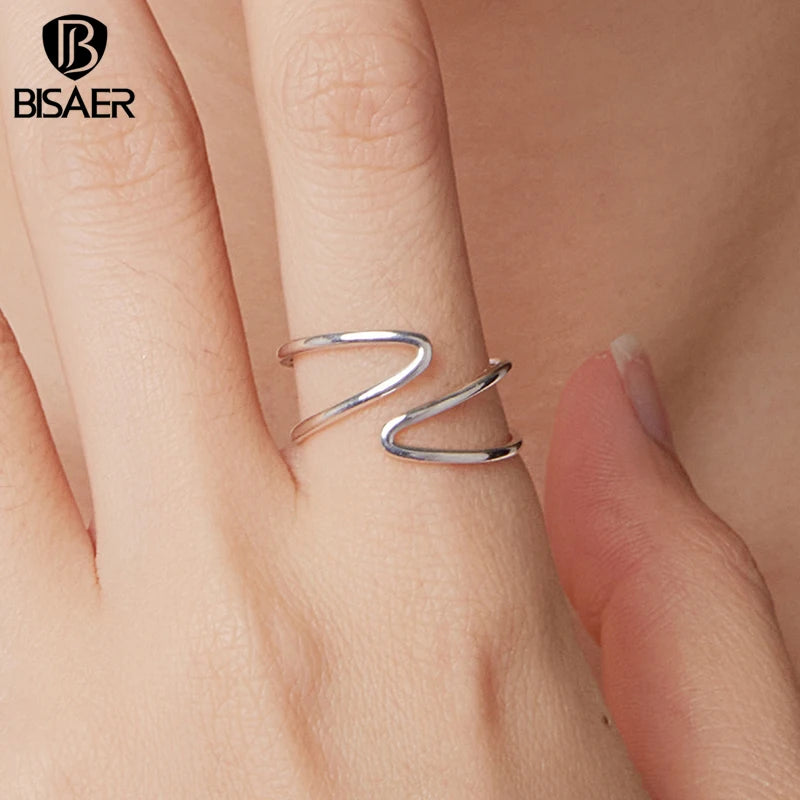 BISAER 925 Sterling Silver Double Cross Open Ring Minimalist Stackable Eternity Band for Women Party Fine Jewelry ECR1159-E