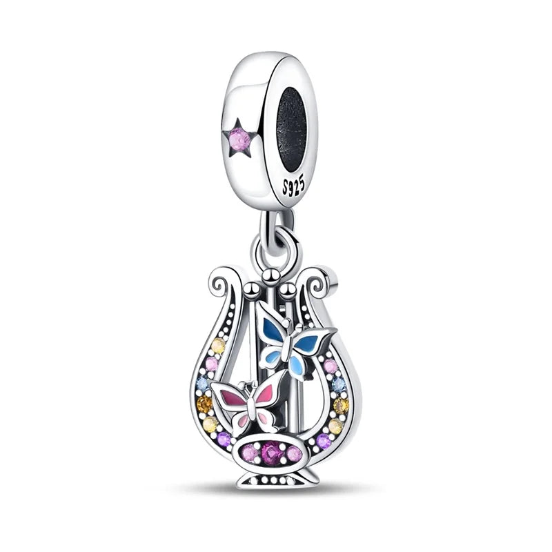 Romantic Music Charms Beads 925 Sterling Silver Piano Violin Red Guitar Punk Saxophone Pendants Fit Qikaola Bracelet DIY Jewelry