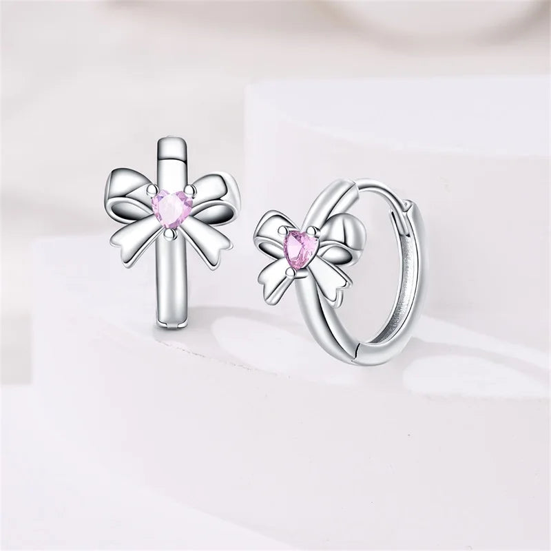 Sweet Bows Earrings 925 Silver Shining Heart Shaped Zircon Hoop Earrings For Women Engagement Birthday Proluxy Fine Jewelry Gift