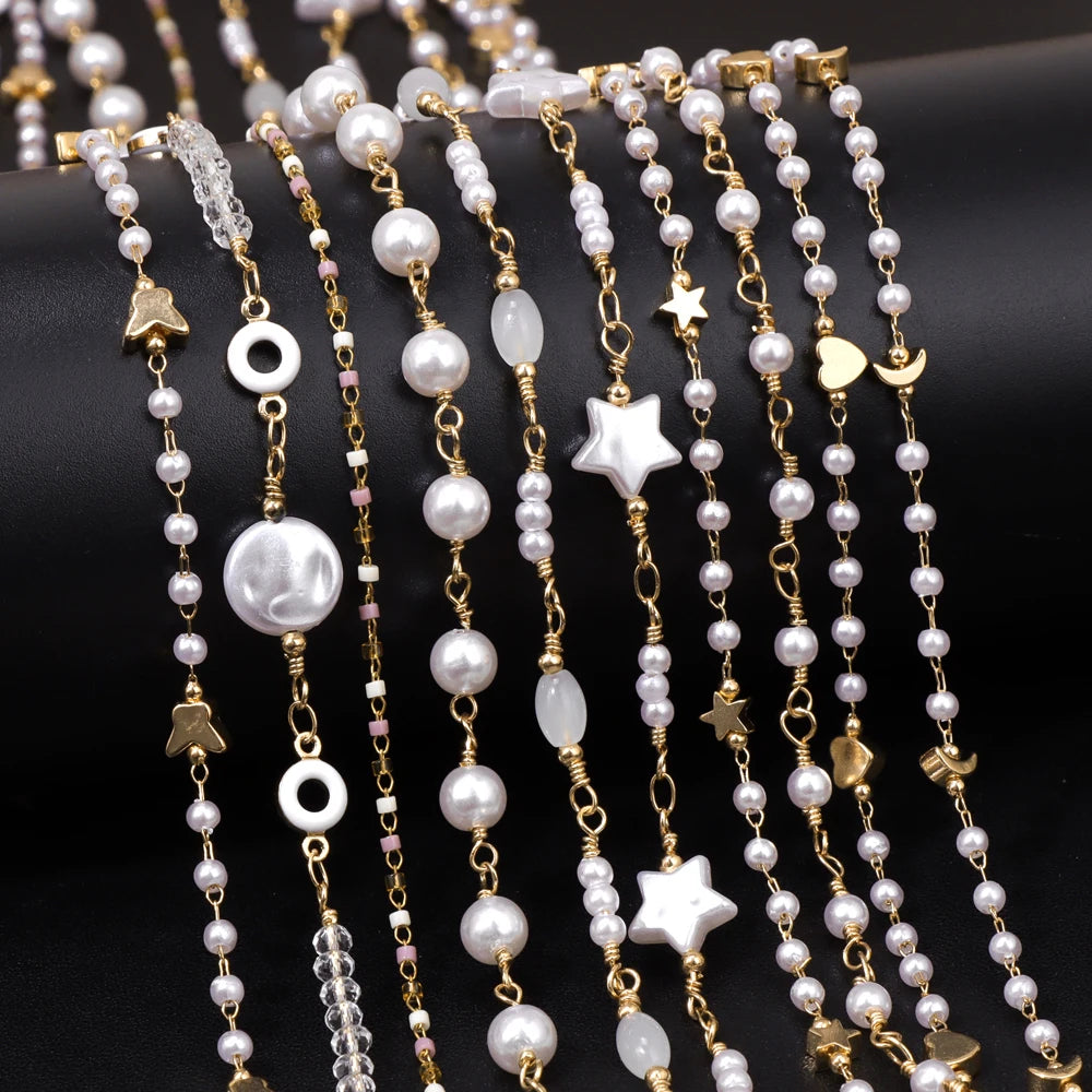 50/100cm Imitation Pearl Beads Handmade Chain Gold Color Adjustable Zinc Alloy Beading Chains For Jewelry Making Crafts Supplies