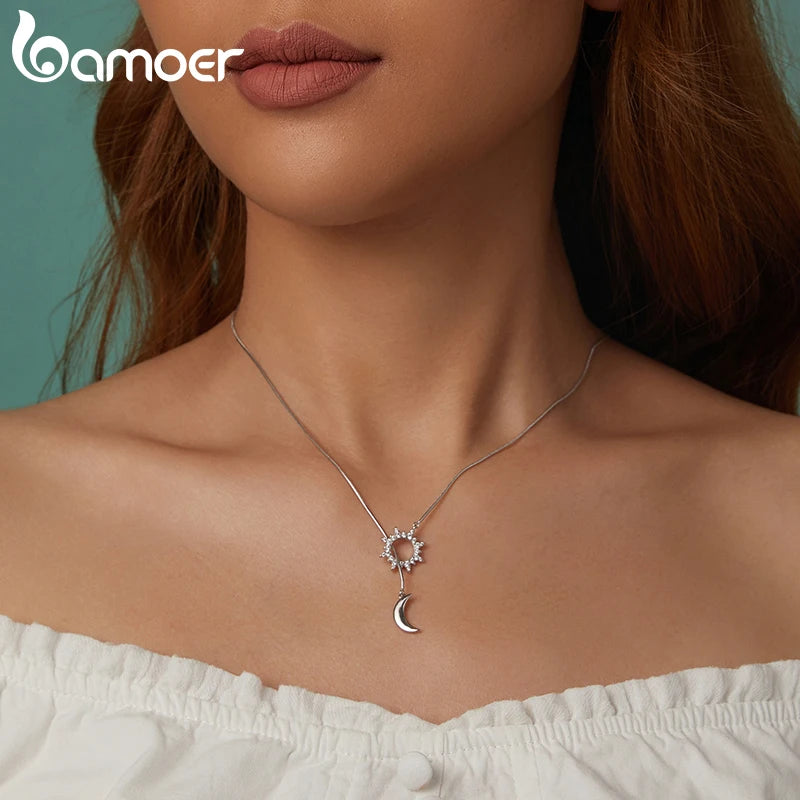 BAMOER White Gold Plated Sun & Moon Y-shaped Necklace, High Quality 925 Sterling Silver Necklace for Women Christmas Gift