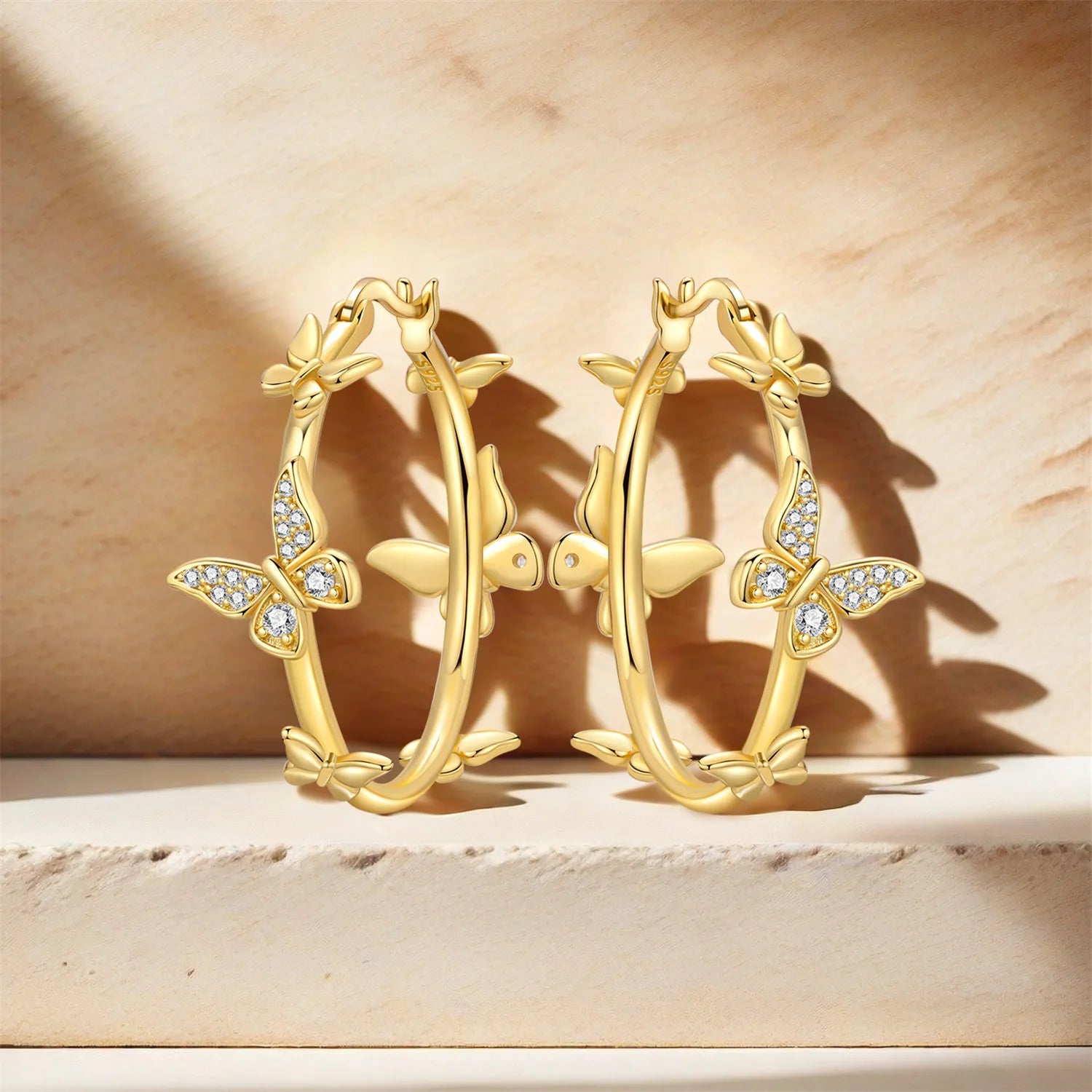 PANPOKI Original 925 Sterling Silver Golden Butterfly Insects Earrings Women Hoop Earring Anniversary Jewelry Trendy Gifts