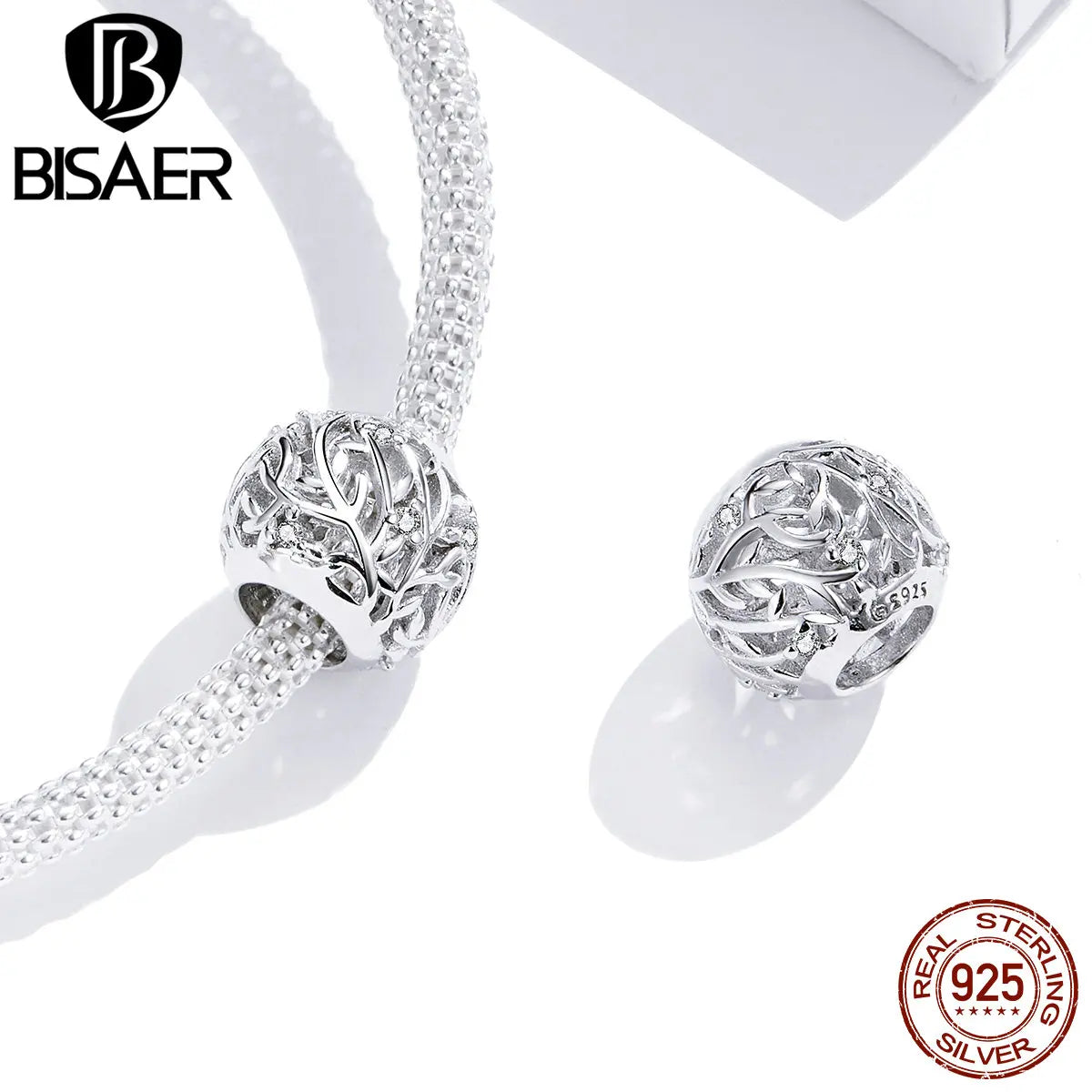 BISAER 925 Sterling Silver Vintage Round Court Charm Perles Coeur Zircon Pendentif Fit Femmes Bracelet Original Fabrication de Bijoux Fins