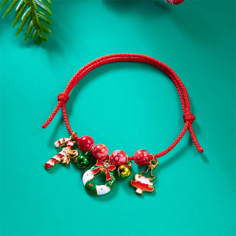 Christmas Handwoven Braided Bracelet For Women Santa Claus Xmas Tree Snowman Crutch Wreath Bell Beaded Adjustable Bracelets