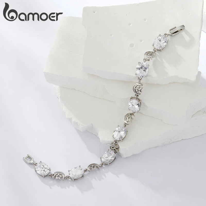 BAMOER White Gold Plated Sparkling Cubic Zirconia Classic Star and Moon Bracelet, Gold Bracelets for Women Fashion Jewelry