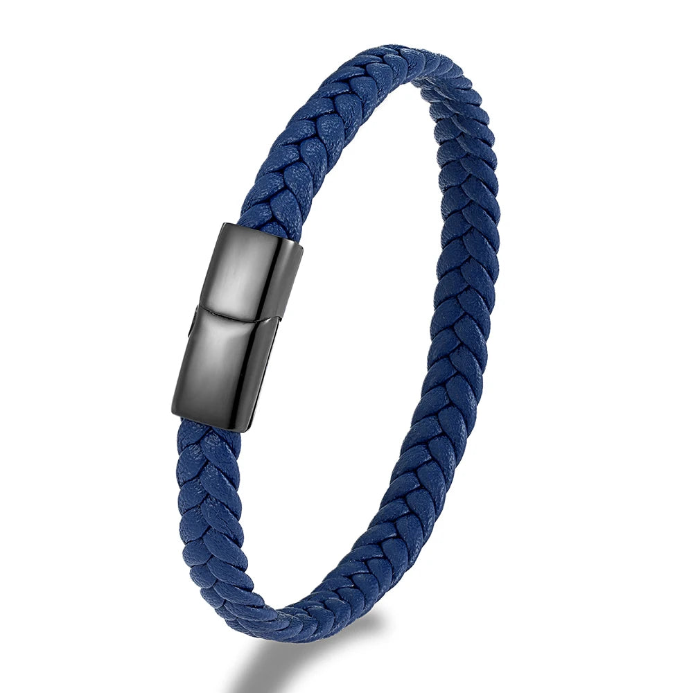 MKENDN Simple Classic Stainless Steel Bracelet for Women Men Genuine Braided Leather Bangles Special Couple Jewelry Gift