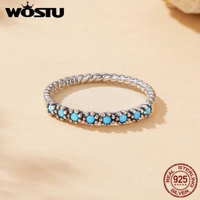 WOSTU 925 Sterling Silver Blue Turquoise Rings Earrings For Women , Handmade Vintage Twist Round Turquoise Dainty Jewelry set