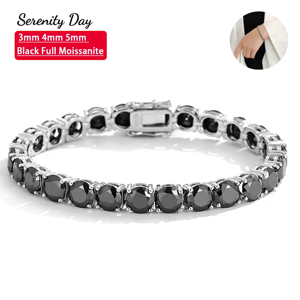 Serenity 3mm 4mm 5mm Black Moissanite Tennis Bracelet For Women Men Gift 100% S925 Sterling Silver Plated 18K Hand Chain Jewelry