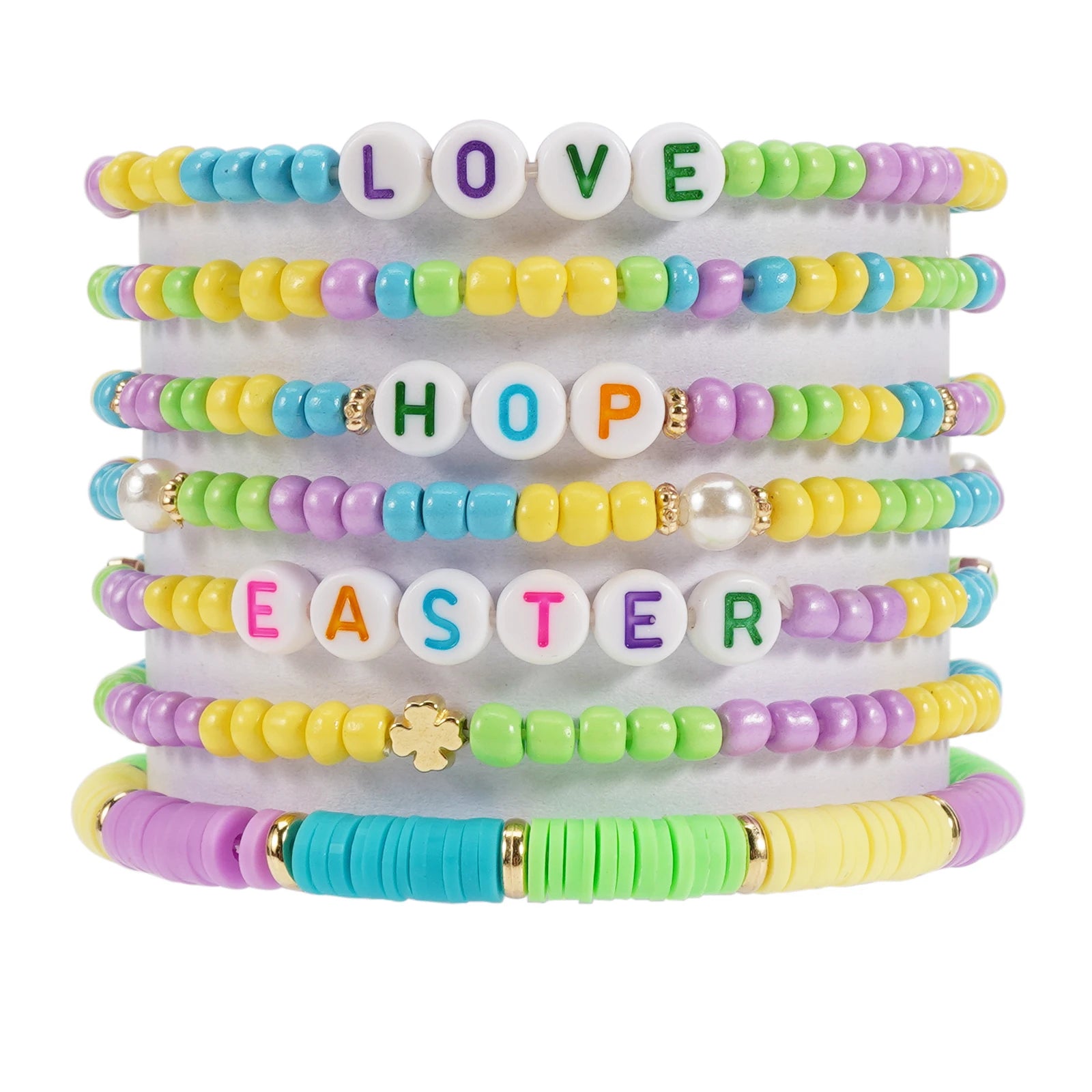Ensemble de bracelets de Pâques colorés, empilables, en argile, extensibles, perles, style bohème, disques en vinyle, pour femmes