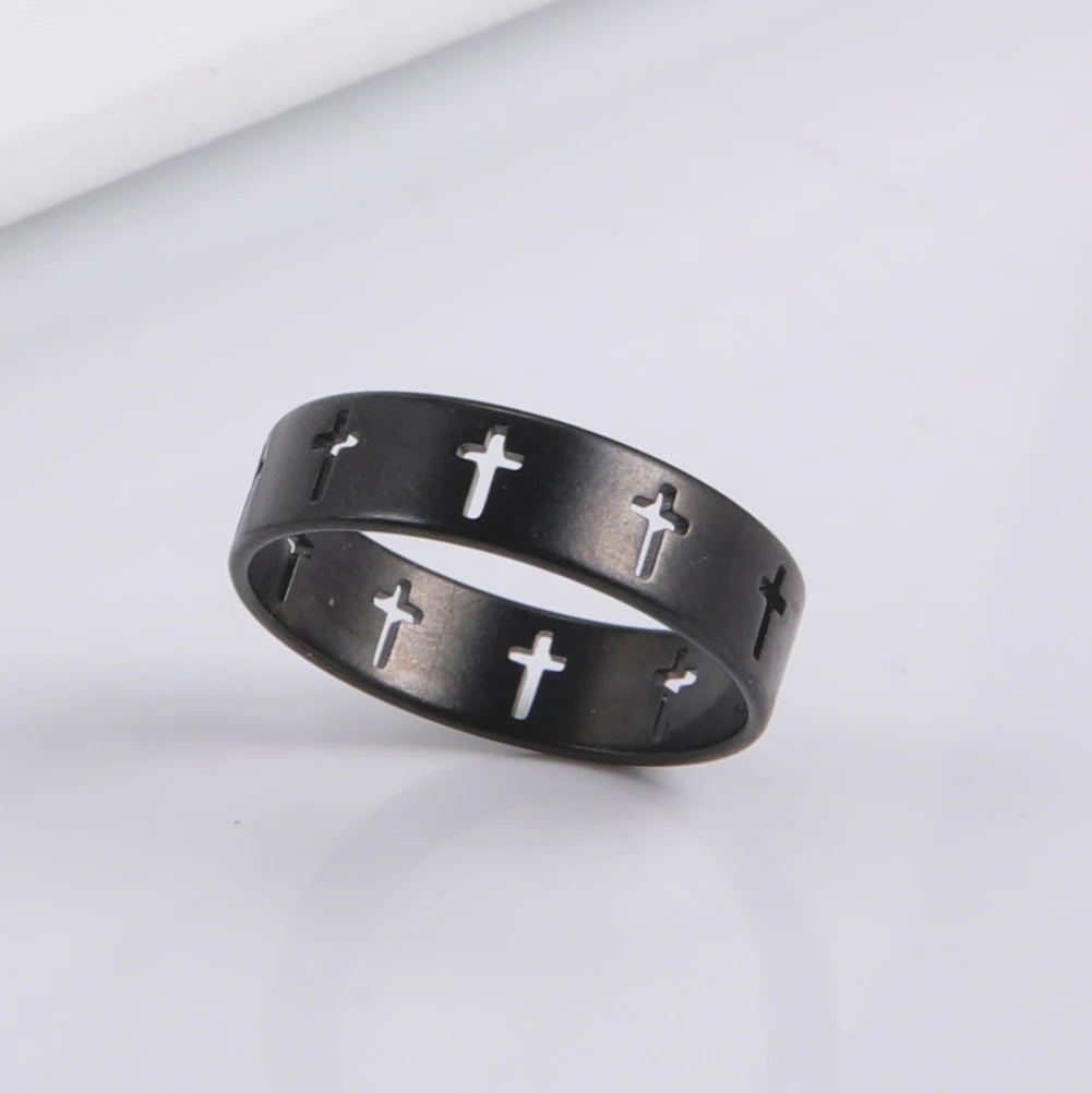Dreamtimes Hollow Cross Men's Ring Supernatural Jesus Stainless Steel Engagement Couple Rings For Women Jewelry Anniversary