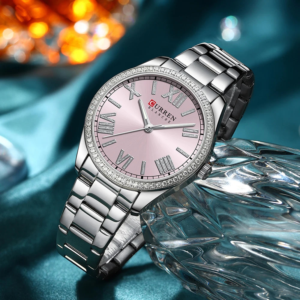 CURREN NEW Luxury Stainless Steel Wristwatches for Ladies Romantic Rose Pink with Rhinestones Roman Numeral Dial
