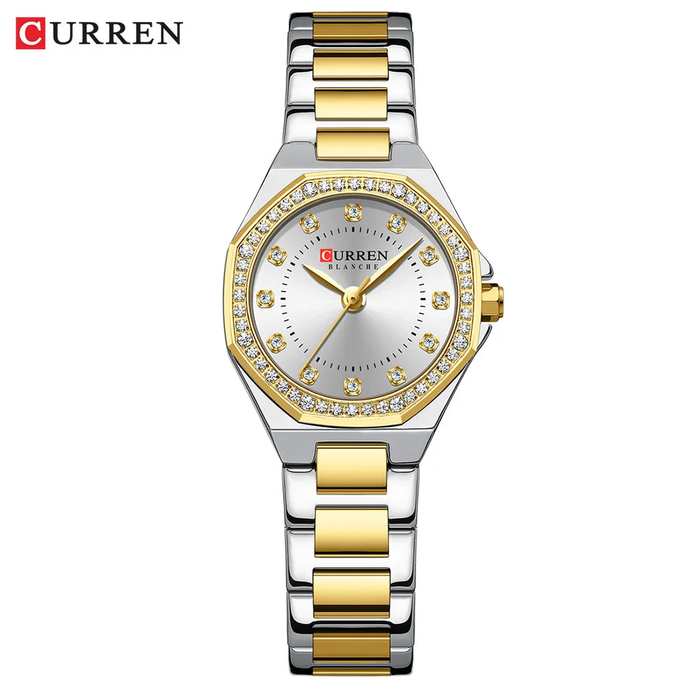 CURREN Luxury Elegance Watch for Women Simple Quartz Wristwatches with Sparkling Rhinestones Stainless Steel Bracelet Waterproof