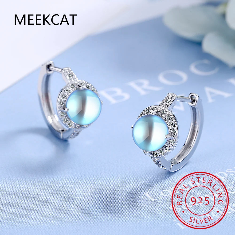 Round Cut Natural Colorful Moonstone 925 Sterling Silver Hoop Earrings for Women Gemstone Statement Jewelry Aretes De Mujer