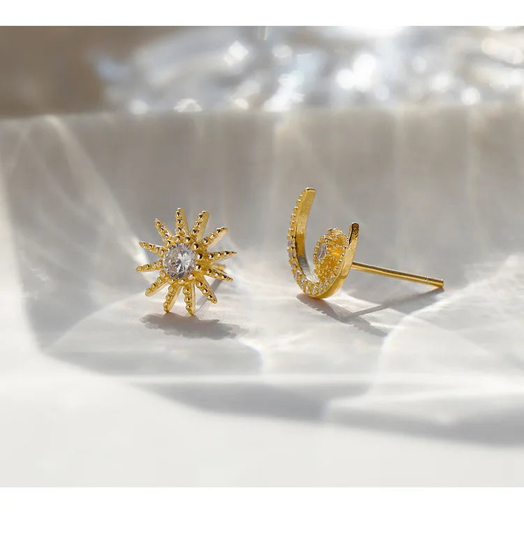 Real 925 Sterling Silver Zircon Moon Star Stud 14K Gold Earrings For Women Asymmetry Cute Fine Jewelry Drop shipping