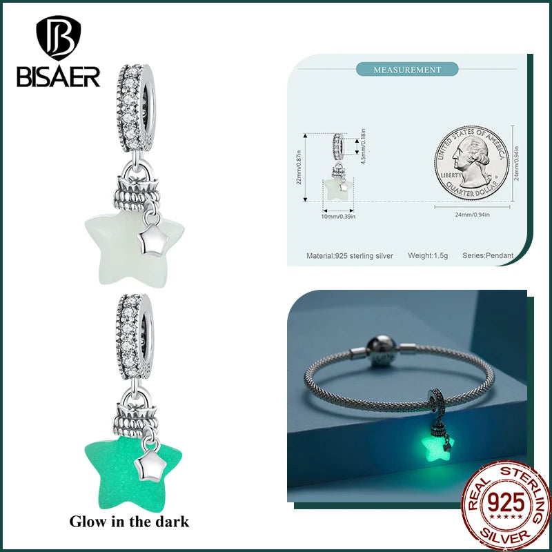 BISAER 925 Sterling Forever Luminous Star Wishing Bottle Charm Bead Moon Cat Owl Pendant Fit Women DIY Bracelet Fine Jewelry