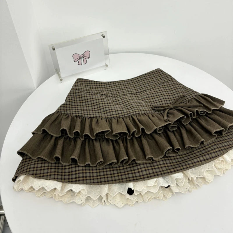 Autumn Winter Sweet Lolita Style 2 Piece Set Women Kawaii Slash Neck Bow Knitted Sweater Mini Cake Skirt Suit Femme Y2k Outfits