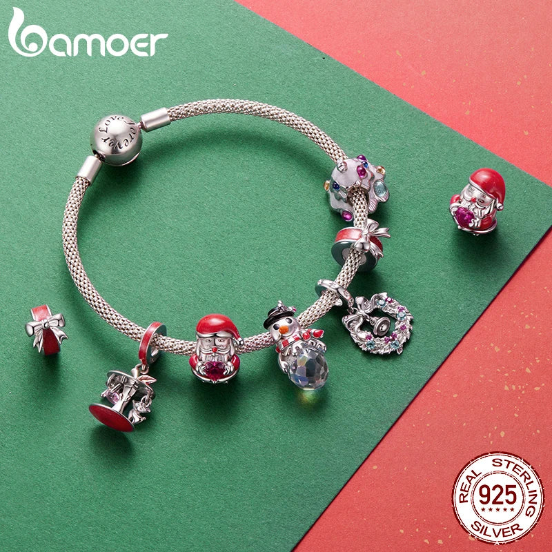 Bamoer 925 Sterling Silver Christmas Charm for Bracelet Santa Claus Snowman Reindeer Apple Pendant Beads Gift for Women Friends