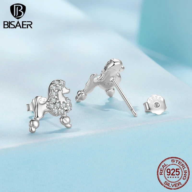 BISAER 925 Sterling Silver Poodle Stud Earrings Pet Dog Earrings Pavé Setting Zircon Plated White Gold for Women Fine Jewelry