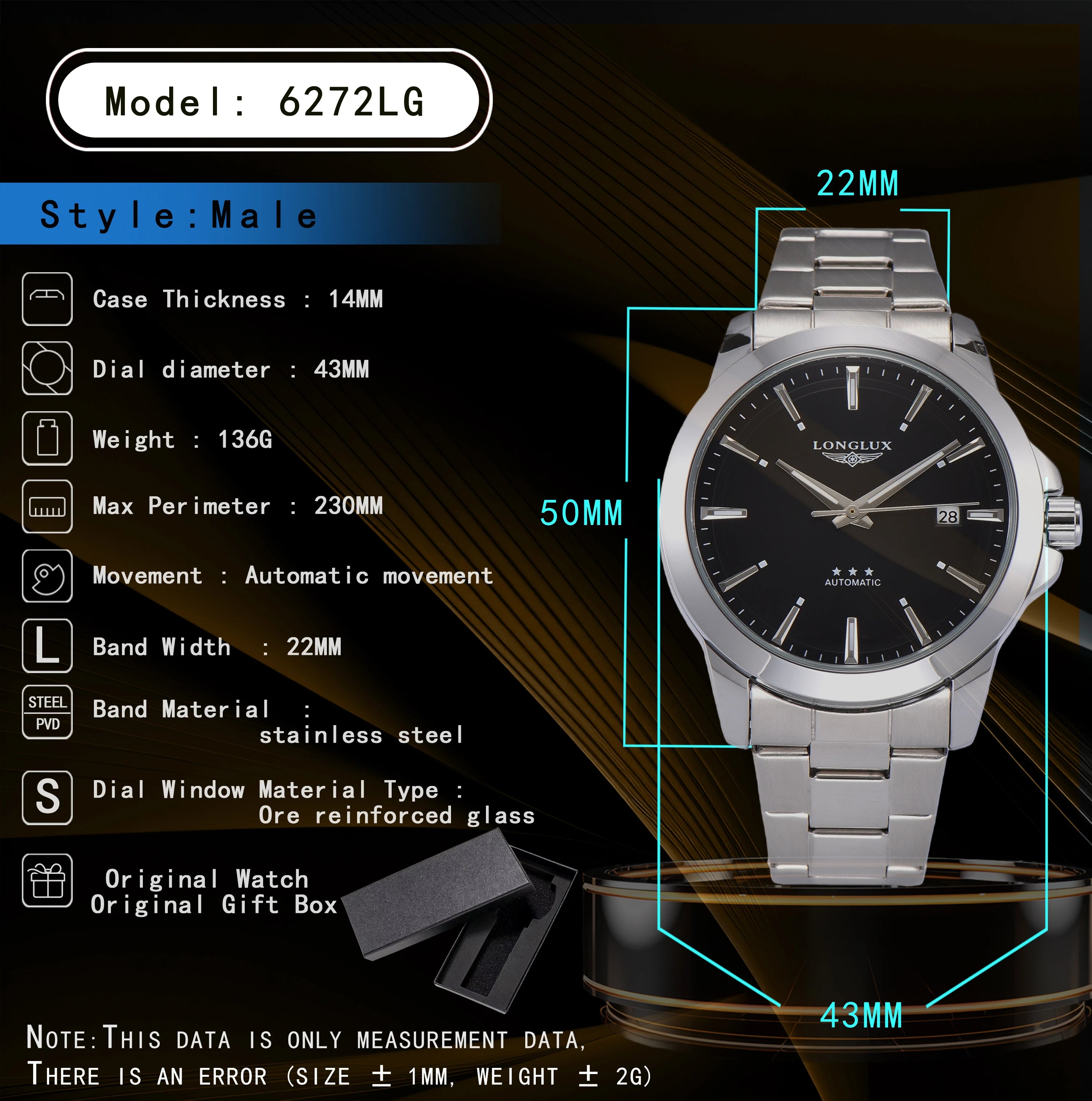 Automatic watch business minimalist modern style date mechanical watches stainless steel waterproof luminous mens watch men gift