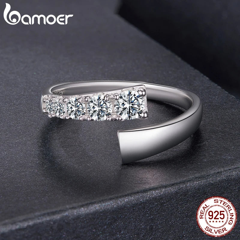 BAMOER 0.7CTTW Moissanite Open Ring 5 Stones Multi-size Round Cut Lab Diamond 925 Sterling Silver for Women Xmas Gift Adjustable