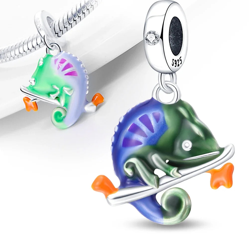 925 Sterling Silver Color Forest Chameleon Charm Pendant Beads Fit Charm Bracelet Original for Women DIY Jewelry Making