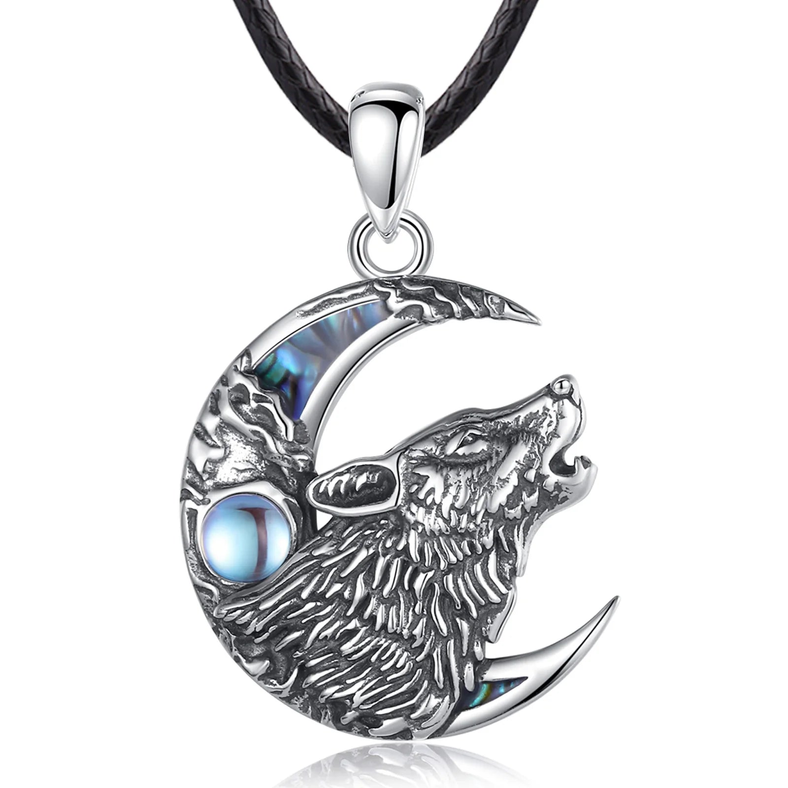 Eudora 925 Sterling Silver Wolf on the Moon Necklace for Women Man Natural Abalone Shell Viking Wolf Pendant Jewelry Party Gift