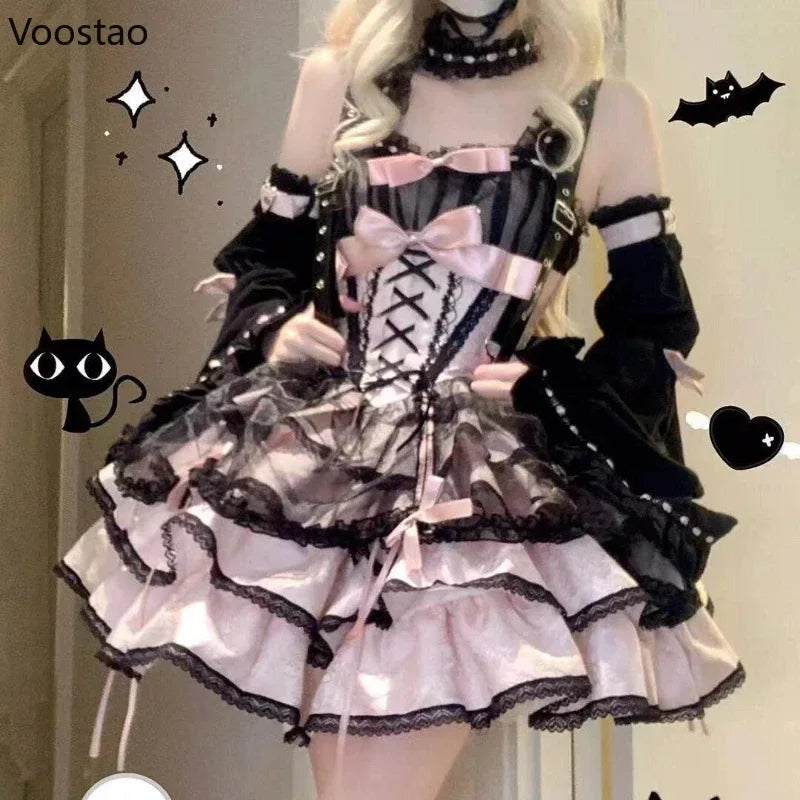 Japanese Sweet Cute Lolita Jsk Dress Women Gothic Y2k Bow Lace Ruffles Evening Party Mini Dresses Harajuku Kawaii Black Vestidos