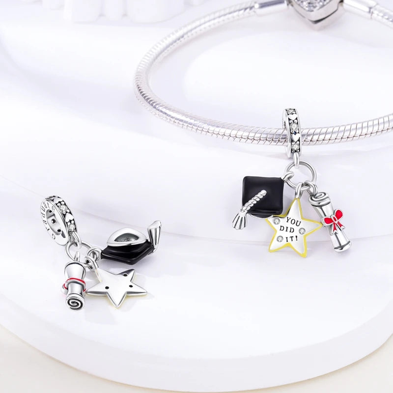 New 925 Silver Trencher Cap Graduation Season Charms Beads Fit 3mm 925 Original Bracelets DIY Unique Jewelry Graduation Gift