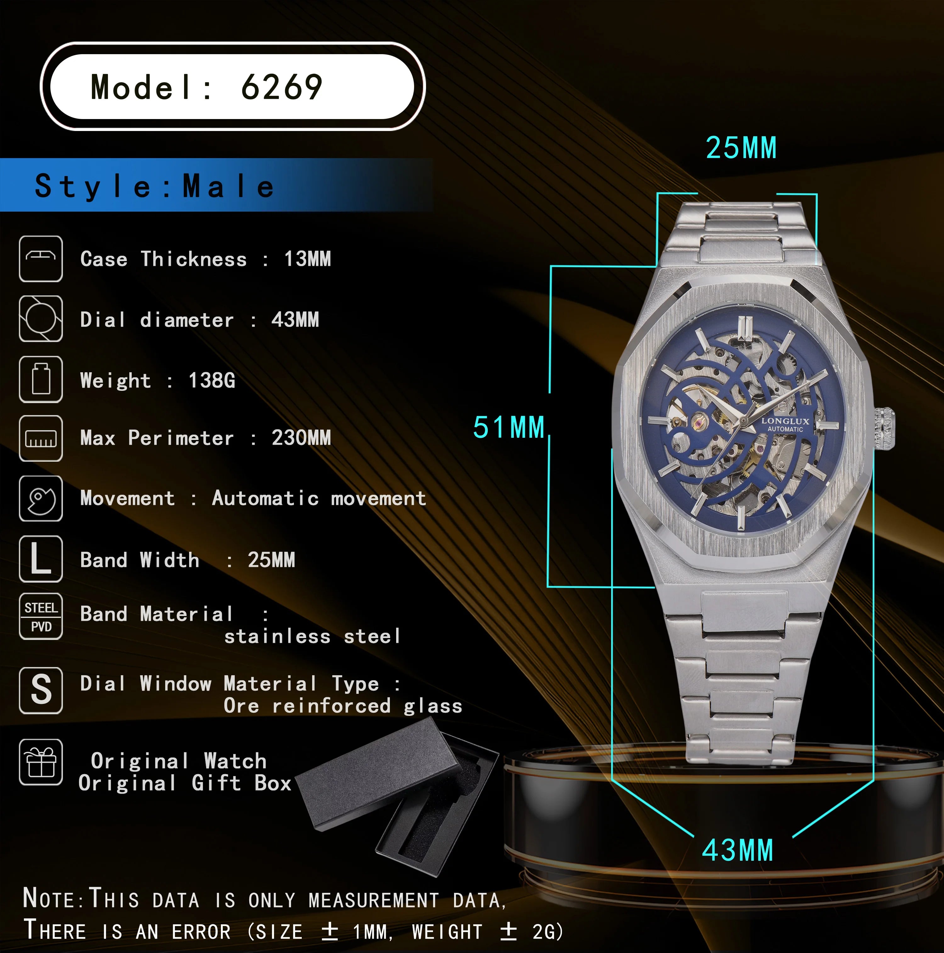 LONGLUX automatic watch business mechanical watches simple skeleton waterproof stainless steel cost effective mens watch gift