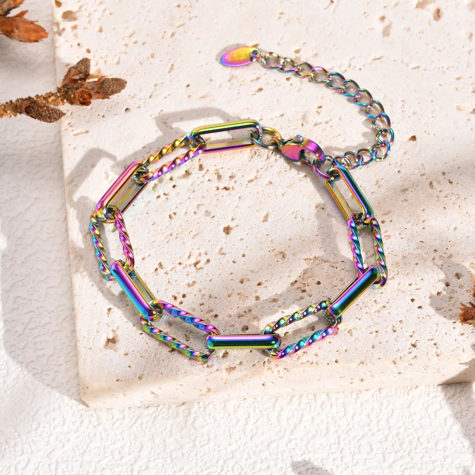 Vnox Shiny Paperclip Bracelet For Women,Stainless Steel Waterproof Rectangle Colorful Chain Bracelets,Trendy Metal jewelry Gift