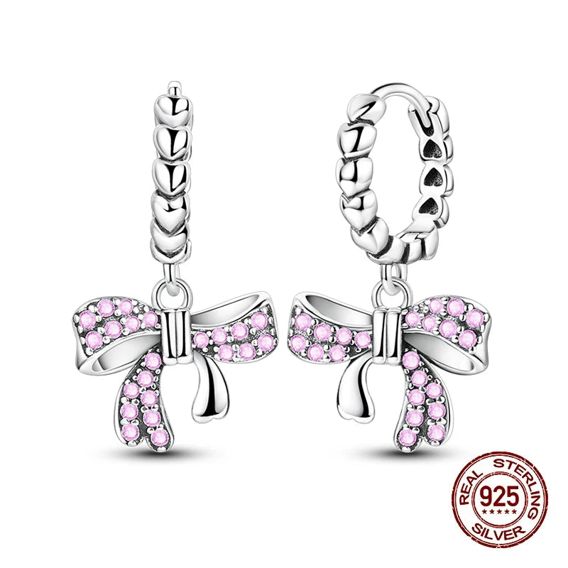 Sweet Bows Earrings 925 Silver Shining Heart Shaped Zircon Hoop Earrings For Women Engagement Birthday Proluxy Fine Jewelry Gift